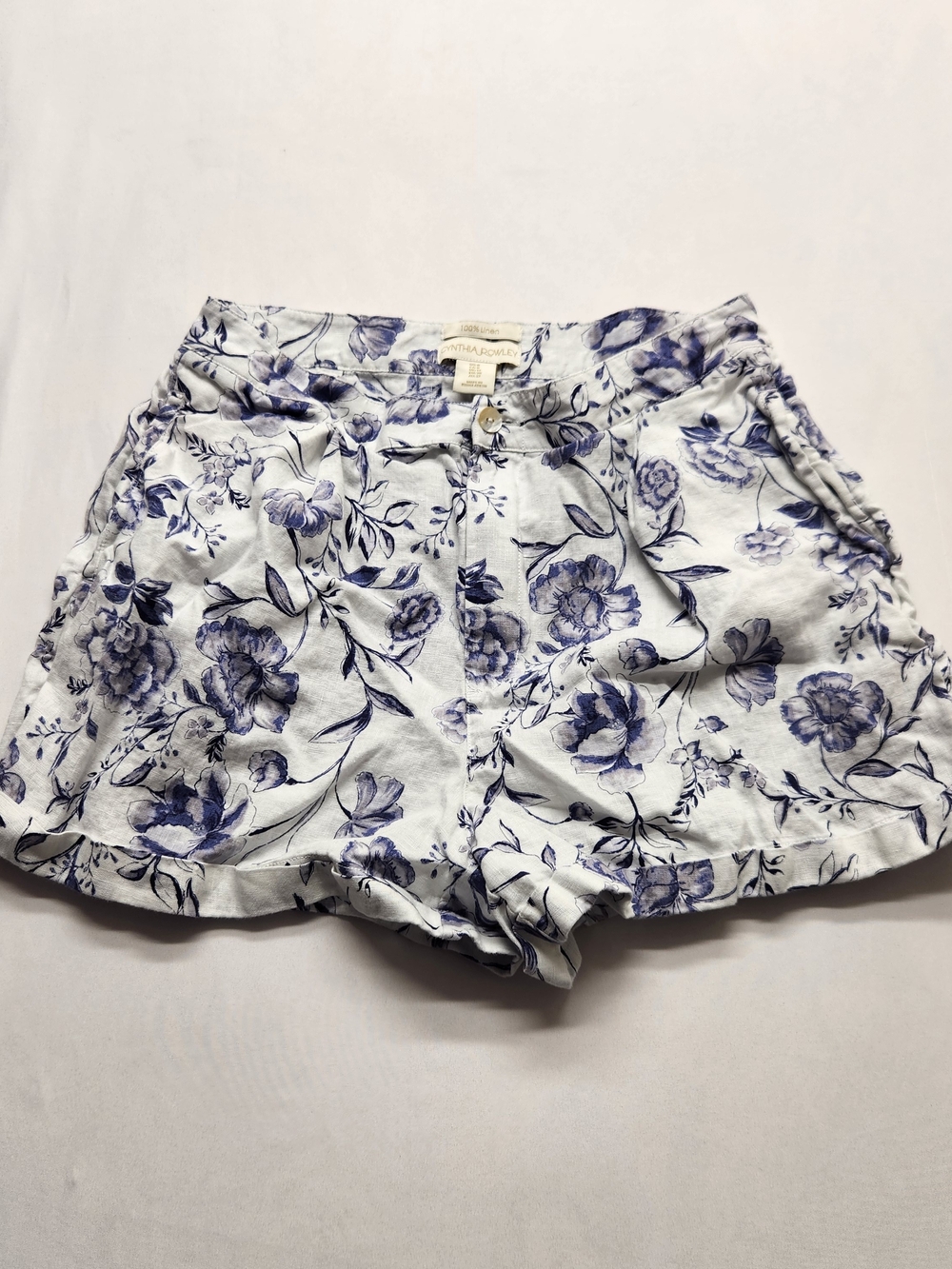 ⭐️Cynthia Rowley Blue White Floral 100% Linen High Waist Cuffed Shorts 8 Summer